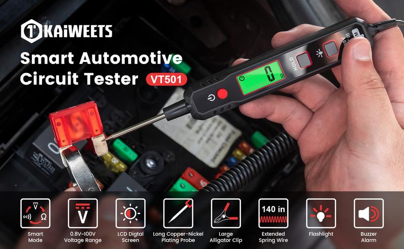 KAIWEETS 0.8-100V DC Car Automotive Circuit Tester, Smart Auto-Ranging Fuse Tester with Sharp Probe, Professional Vehicle Voltage Tester for Car Battery, Bidirectional Polarity Checker Tool for Voltage/Continuity/Resistance Detector with Audible Buzzer