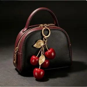 Vintage Distressed Gold Cherry Keychain, Glossy Red 4-Piece Cherry Cluster With Textured Metal Leaves, Durable Alloy Spring Hook, Elegant French Style Fruit Bag Charm For Handbags & Car Keys