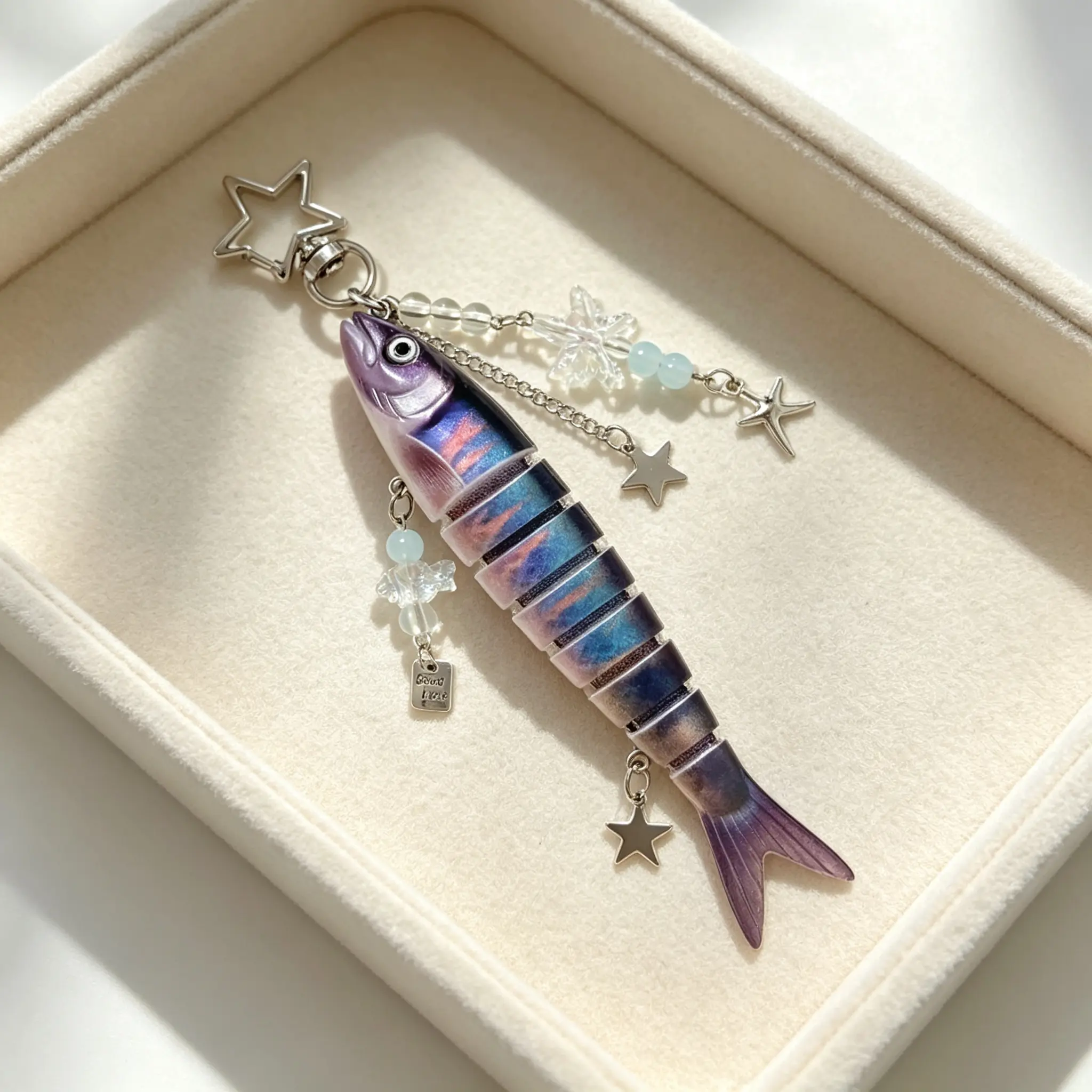 Novelty Star & Fish Keychain, Jointed Realistic Fish Lure Keyring with Beaded Charm, Kawaii Fish Key Pendant Trinket for Bags and Backpacks, Animal Keychain, Cute Keychain Accessory