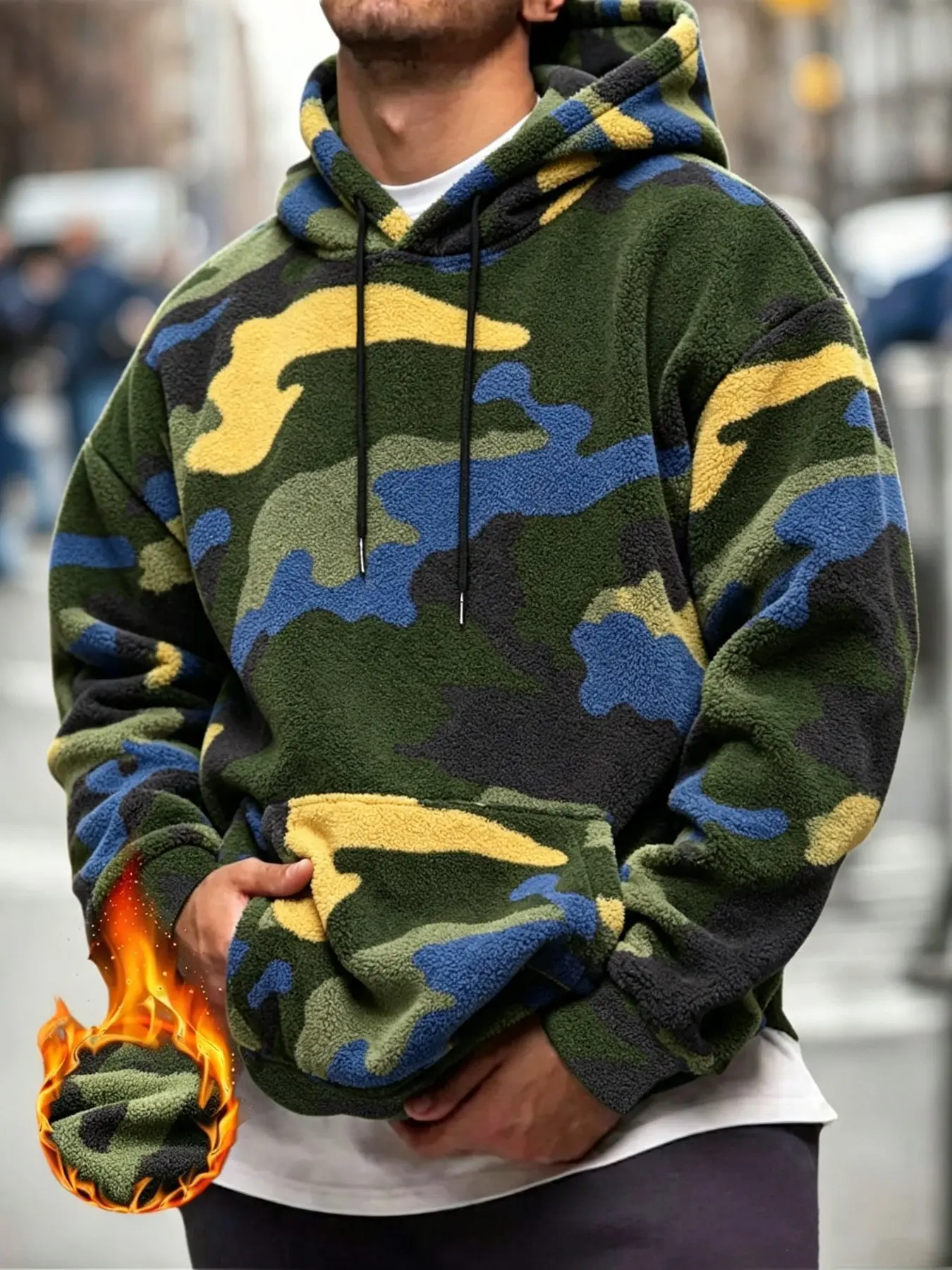 Winter Thick Camouflage-Print Soft Plush Fleece Hoodie for Men, Drawstring Pullover Sweatshirt, Ideal for Camping, Daily Outing, Home Relax, Street Style