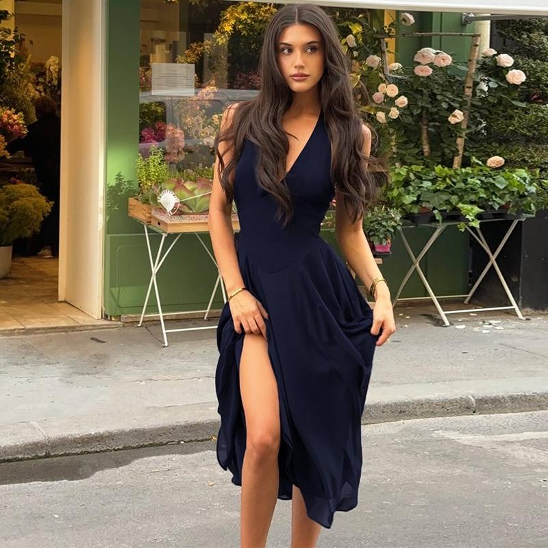 Women‘s Mesh Solid Ruched Sleeveless Halter Slip Dress, Plain Slim Fit V-neck Backless Elegant Pleated Midi Dress, Party Club Date Holiday Daily Casual Dresses For Ladies All Seasons Summer Fashion Clothes