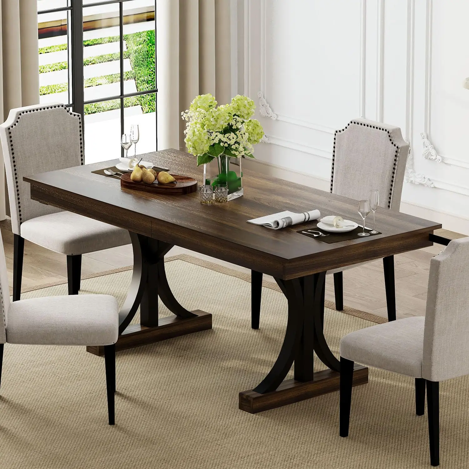 71-Inch Wooden Dining Table, Rectangular Dining Table with Drawers, Spacious Tabletop, Sturdy Double Pedestal Frame, Fits 6-8 People, Ideal for Kitchen & Dinner Settings
