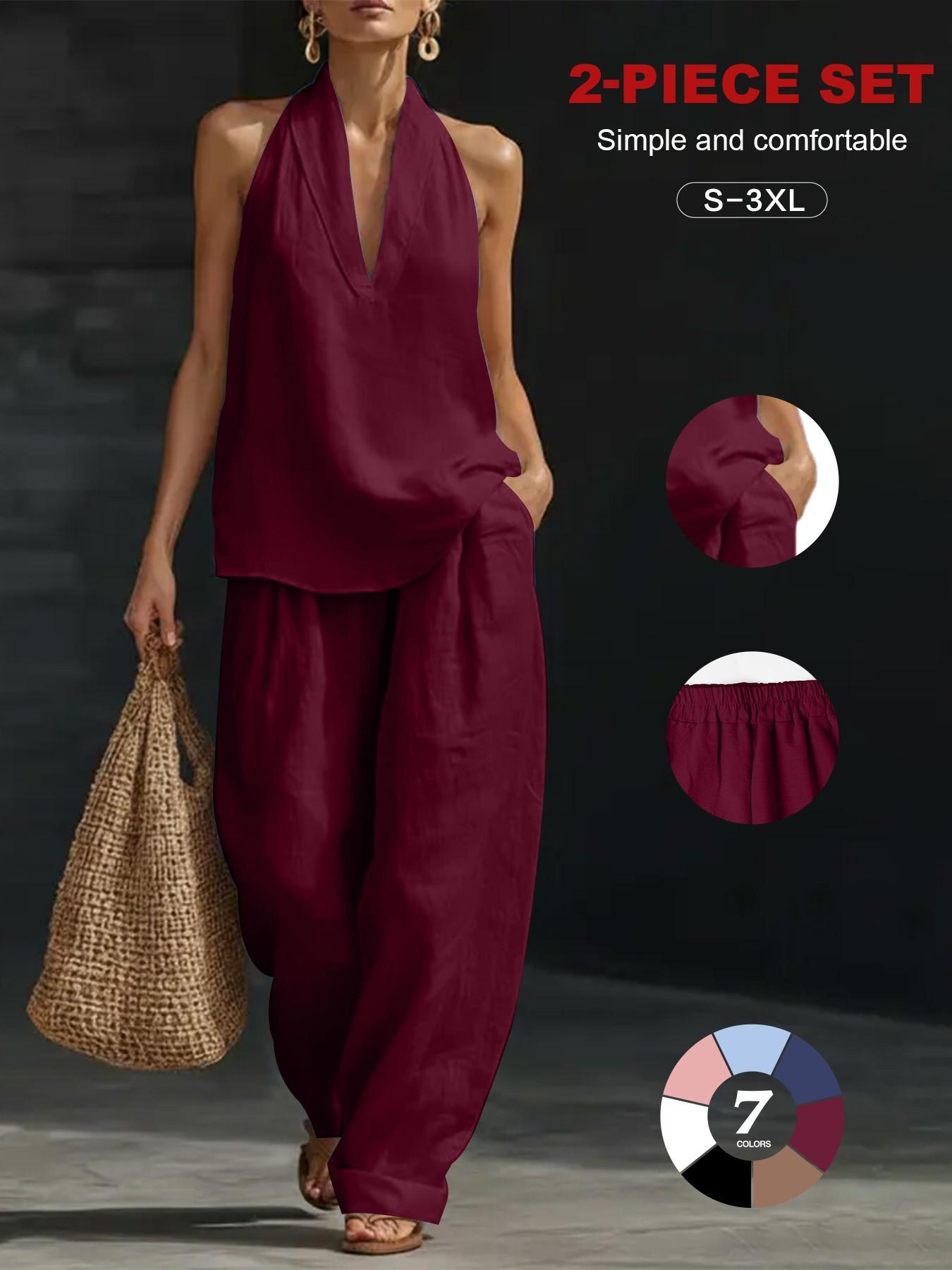 Women's Linen Sets 2 Piece Summer, Casual Sleeveless Lounge Set, Ankle Length, Loose-Fitting, Beach Vacation Clothes