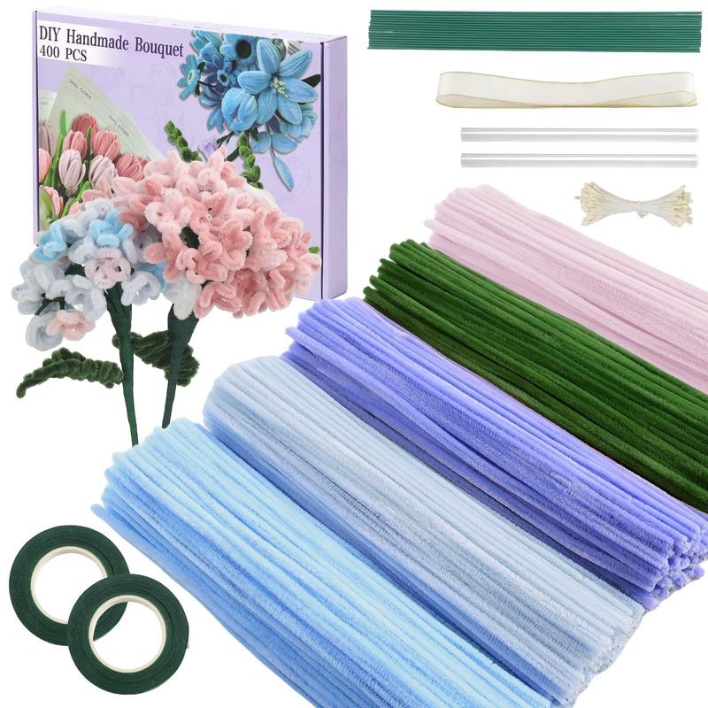 DIY Craft Kit, 400 Pieces Pipe Cleaners, 4 Colors, Chenille Stems, Floral Making Supplies, Includes String, Tape, Buds & Ribbons