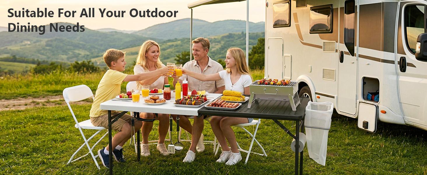 5ft Folding Table for Picnic Camping, Portable Outdoor Table with Metal Grid Grilling Surface, Heavy Duty Foldable Table for Cook Prep,Suitable for Camping, Backyard, Patio and Beach