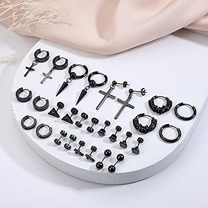 14 Pairs Earrings for Men Black Stud Earrings Stainless Steel Hoop Earrings, Silver Gothic Punk Cross Dangle Earrings Set Jewelry Piercings For Cool Men Women