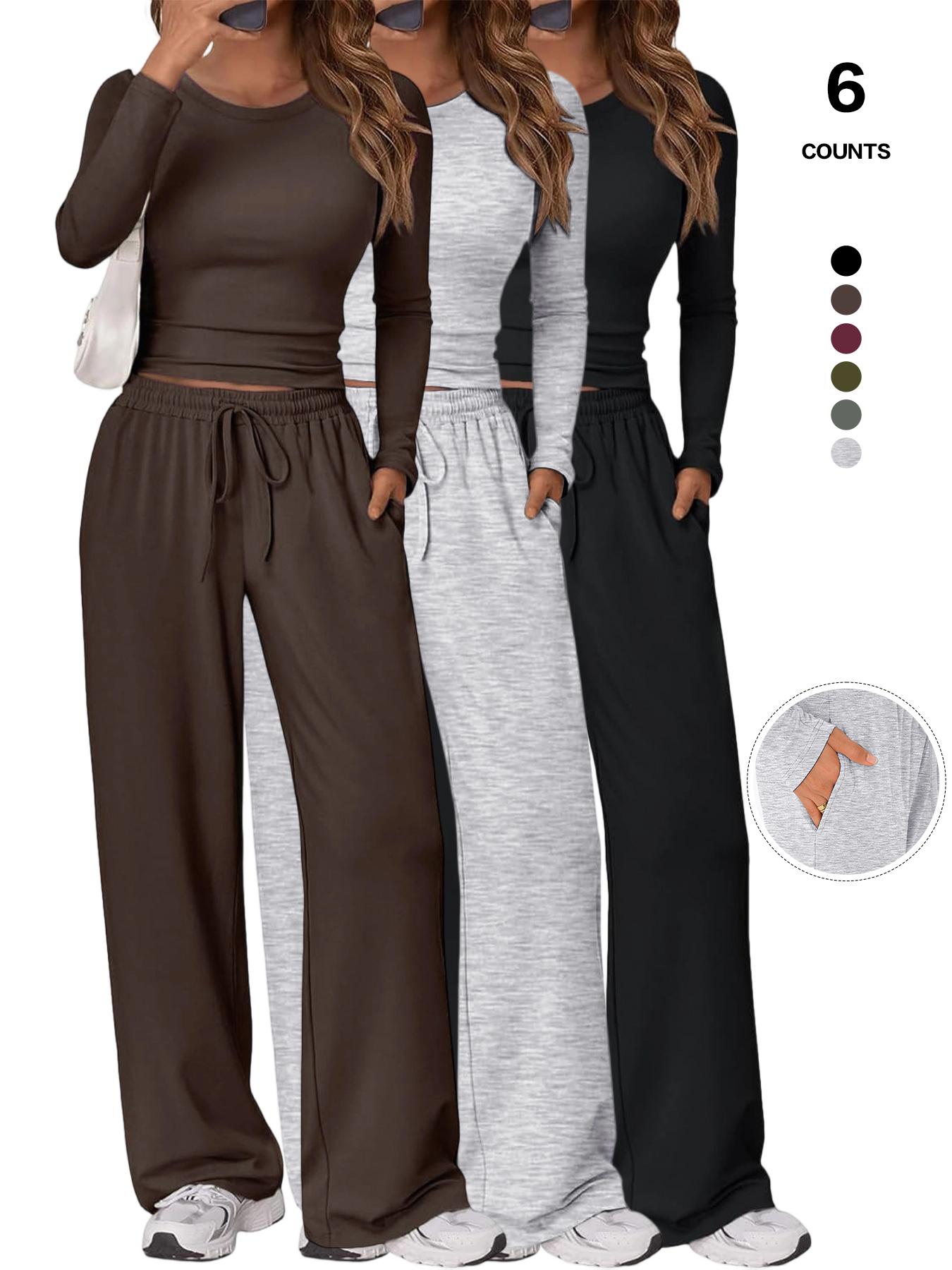 2026 Women's Two-Piece Loungewear Set, Soft Long-Sleeved Round-Neck Crop Top, Drawstring High-Waisted Wide-Leg Pants with Pockets