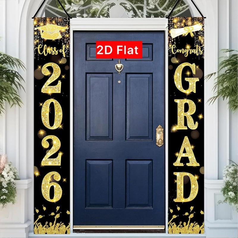 2D Flat Banner Door Sign 1 Pair, 2026 Graduation Porch Banner, Outdoor Gold Sparkle, Weatherproof Graduate Welcome Sign, High School Party Supplies