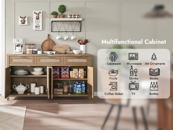 PieDle Furniture Rattan Sideboard Buffet Cabinet, Boho Storage Cabinet with Adjustable Shelves, Farmhouse Credenza Coffee Bar Cabinets with 4 Doors & 3 Drawers for Living Room, Hallway & Kitchen
