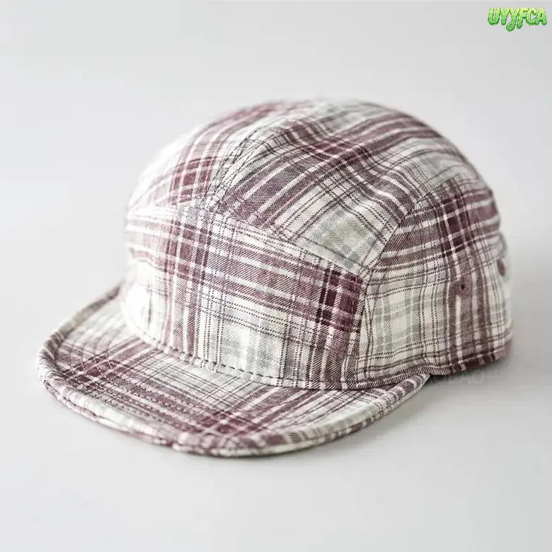 Korean Plaid Cotton 5 Panel Cap, Soft Flat Brim Camp Hat, Lightweight Vintage Checkered Short Bill Hat, Breathable Casual Outdoor Headwear, Unisex All Season Hat For Daily Walking, Street Style And Outdoor Activity,Sohochic