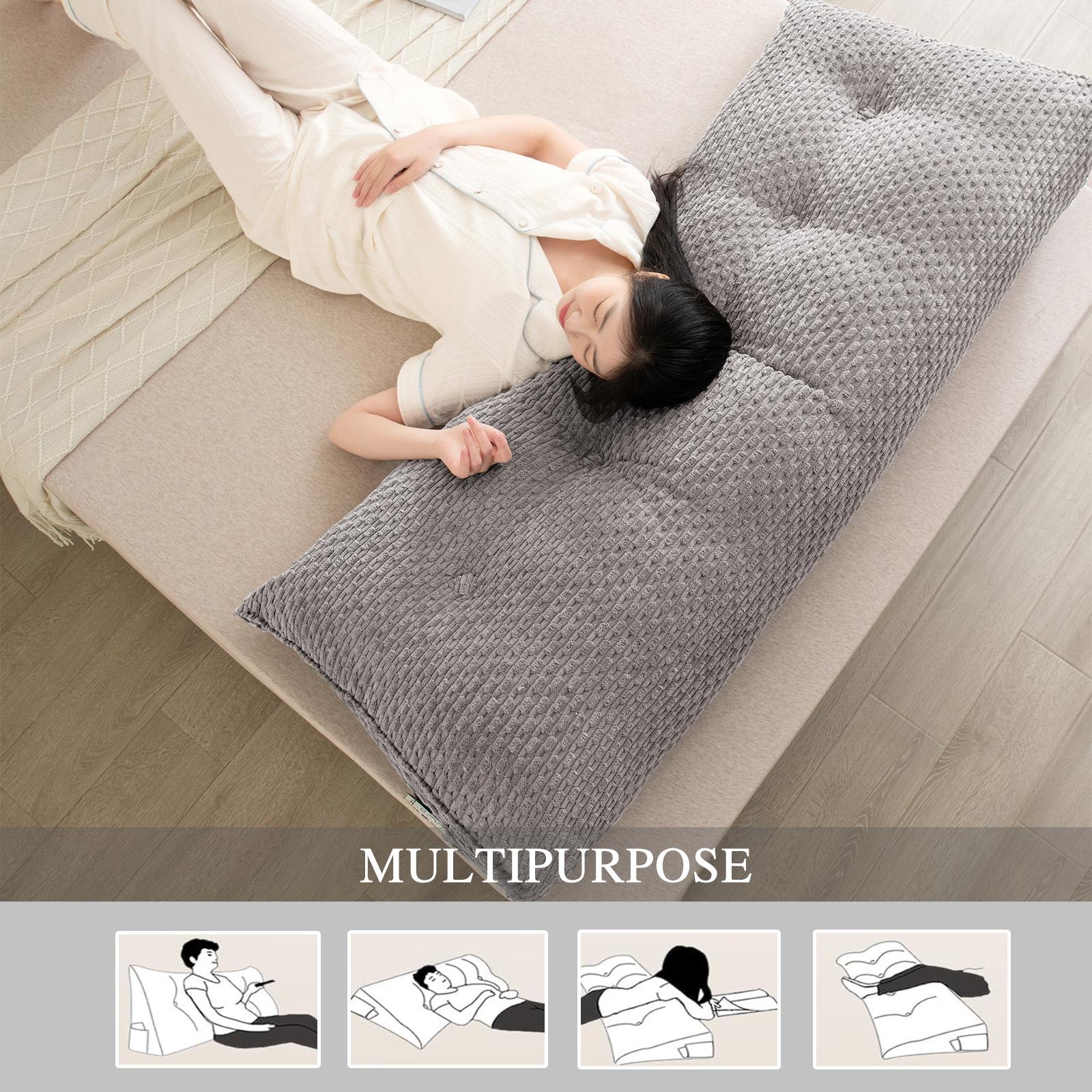 Velvet Headboard Wedge Pillow Sofa Bed Back Support Cushion Reading Bolster Pad with Small Side Pockets