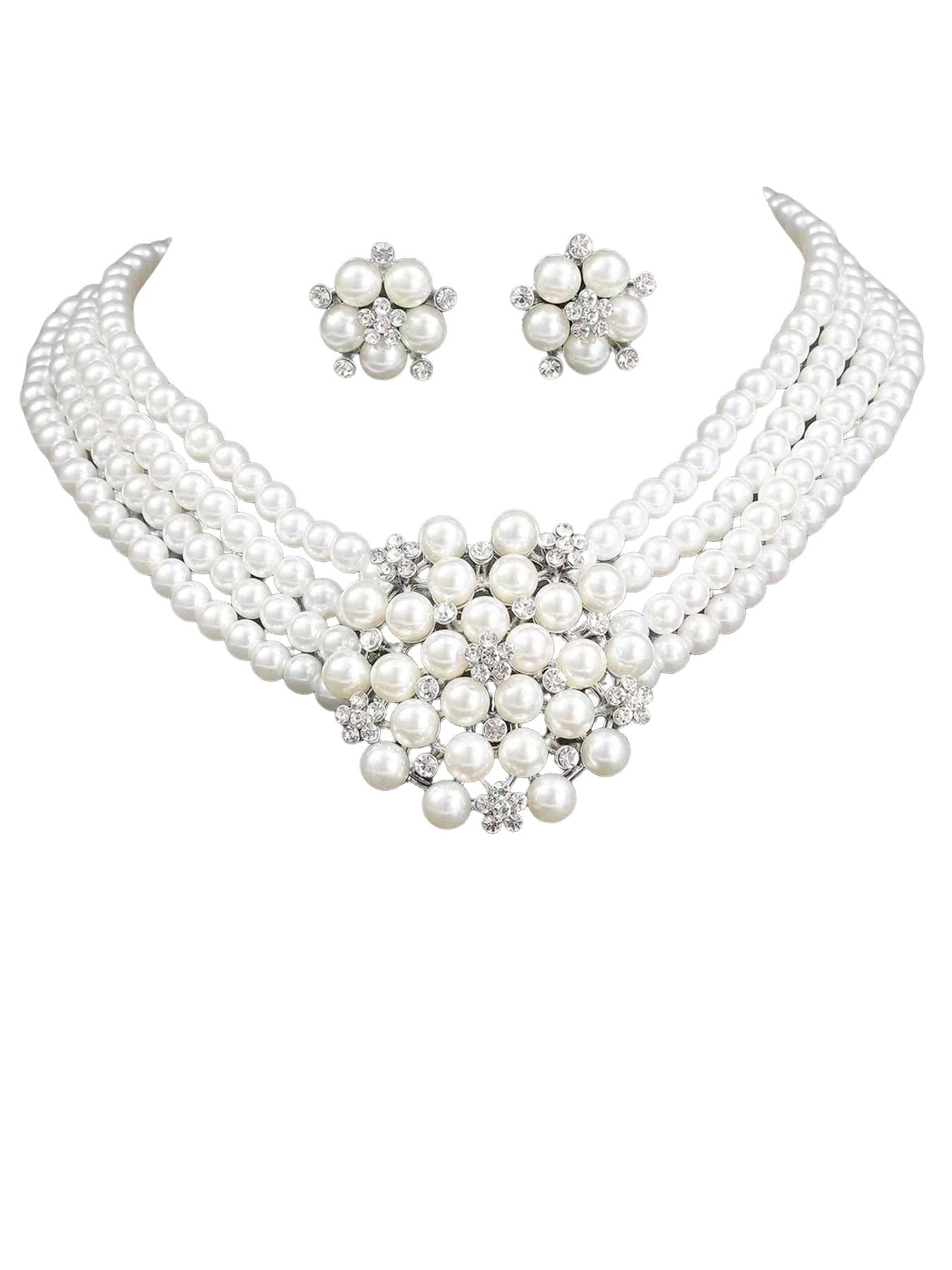 3-Piece Luxury Vintage French Style Multi-Layer Imitation Pearl Necklace Earrings Set, Perfect for Women's Evening Weddings Parties
