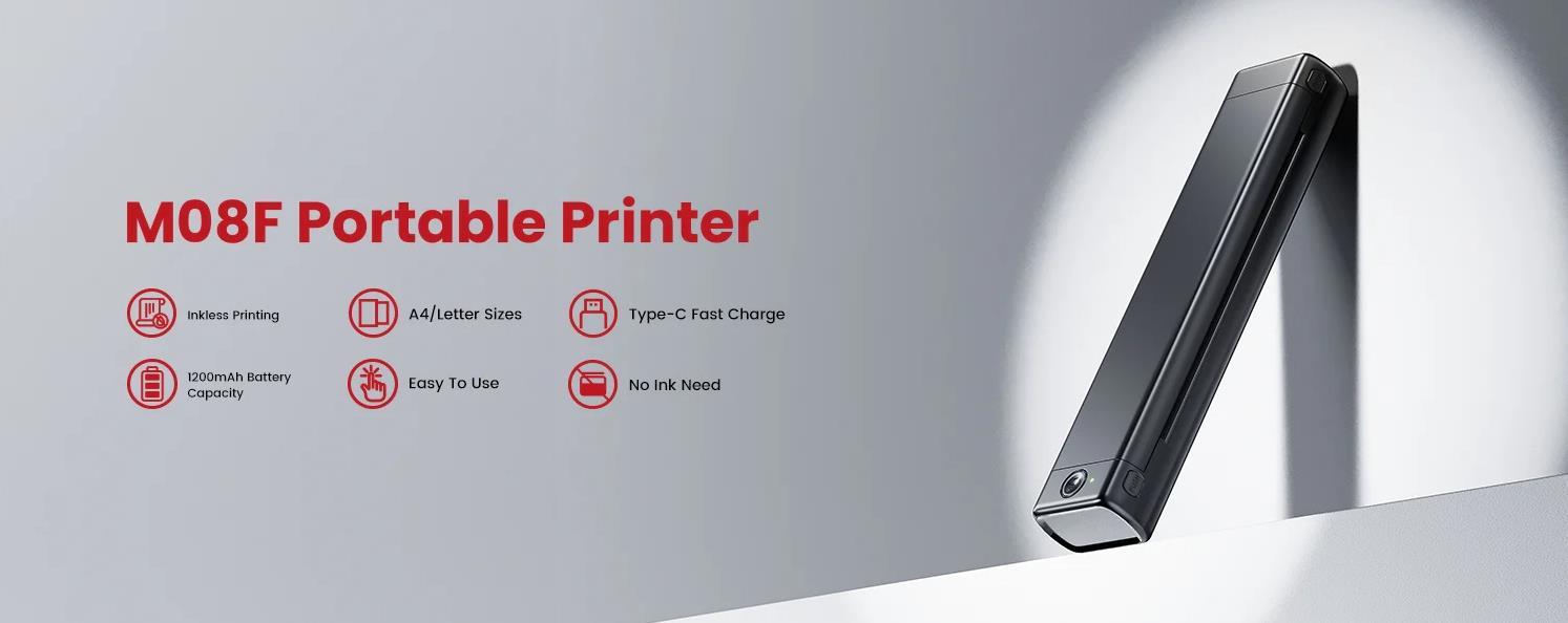 Phomemo M08F Inkless Portable Bluetooth Printer – Supports 8.5" x 11" Letter & A4 Thermal Paper, Compatible with iOS, Android & Laptops, Perfect for Office, Home, School, Business & Travel
