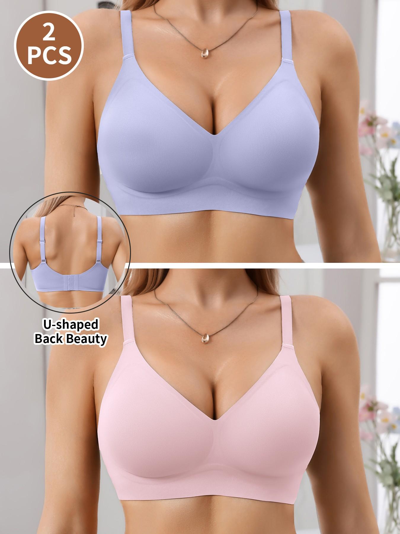 Jelly Bra Sexy V-Neck Gathered Wireless No Underwire Half Fixed Cup Pad Soft Comfort Women Daily Bra, Adjustable Strap, Medium Support, All Seasons