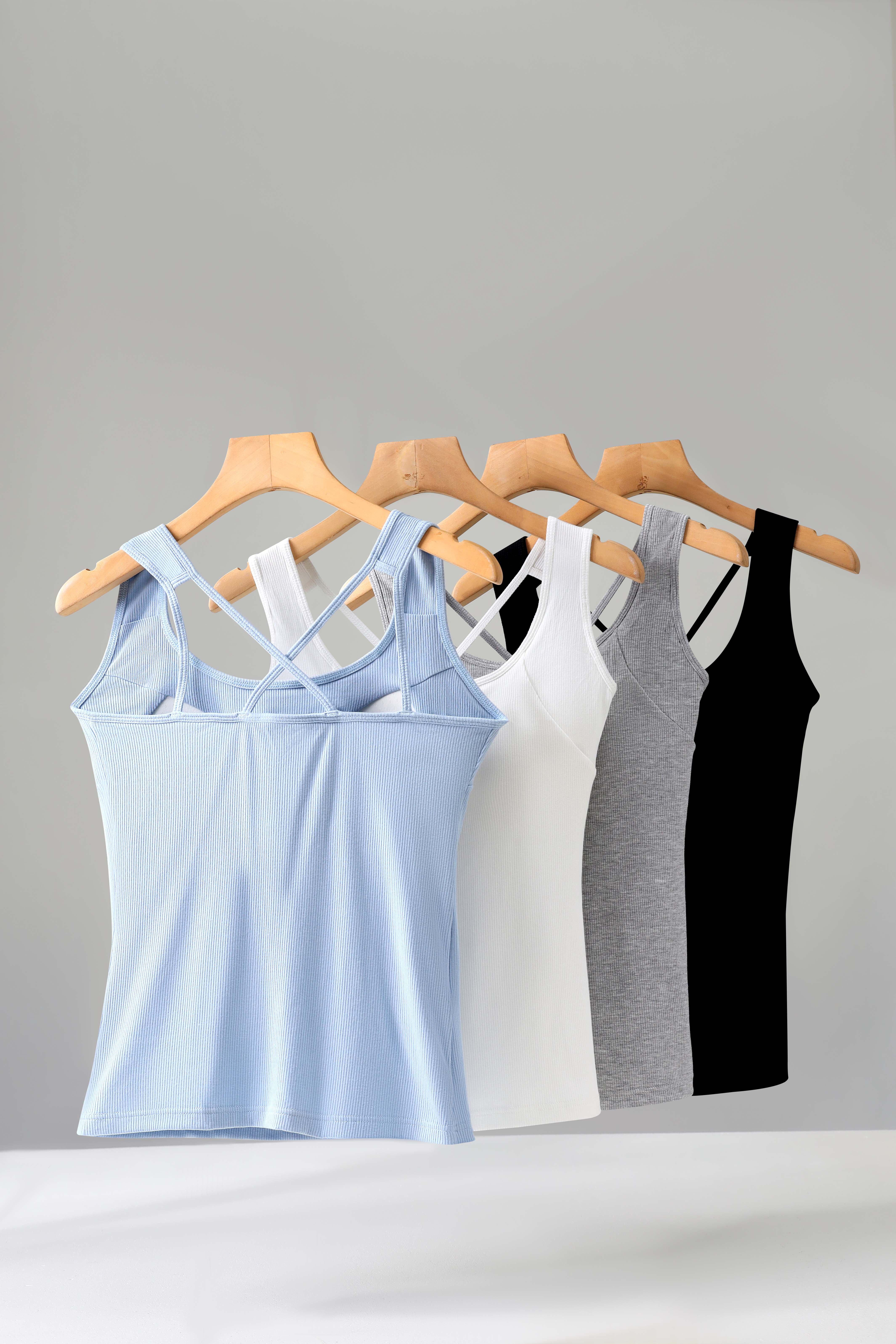 EssElegance Women's Minimalist Sleeveless Ribbed Viscose-Elastane Basic Workout Tank Top - Fabric-Built-in Padded Bra, Strappy Sporty Chic Criss Cross Back, Scoop Neck, Slim Fit, Breathable Wear for Gym, Yoga, All Seasons, Cold Hand Wash, Denim Style, Wor
