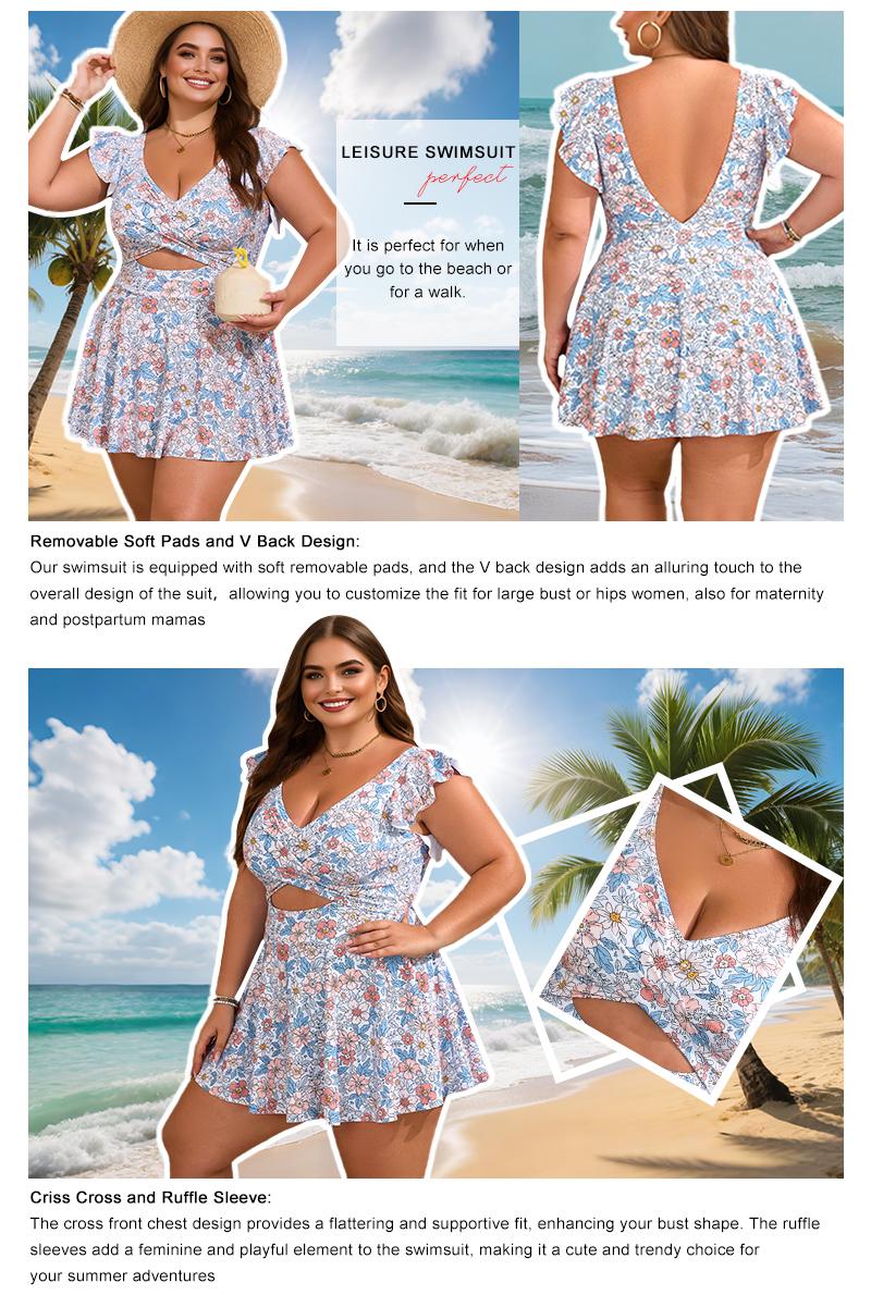 B2prity Women's Plus Size Swimsuit Tummy Control One Piece Swimdress Ruffle V Neck Cutout Wrap Bathing Suit with Skirt