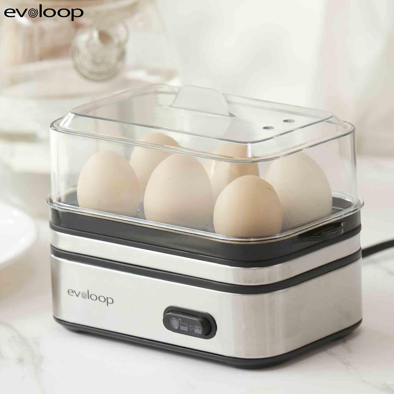 EVOLOOP Rapid Egg Steamer - 6-Egg Capacity, BPA-Free Stainless Steel with Clear Tritan Lid, 400W Electric Egg Cooker for Hard Bo iled, Poached, Scrambled, or Omelette, Includes Measurement Cup & 2 Poaching Trays, Auto Shut Off
