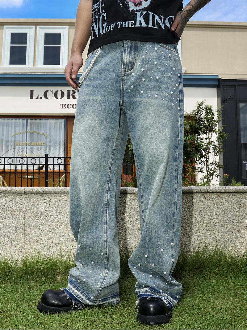 Four-Season Washed Light Blue Handmade Beaded Loose Straight Leg Jeans, Y2K Casual Streetwear, Perfect Gift for Husband or Boyfriend
