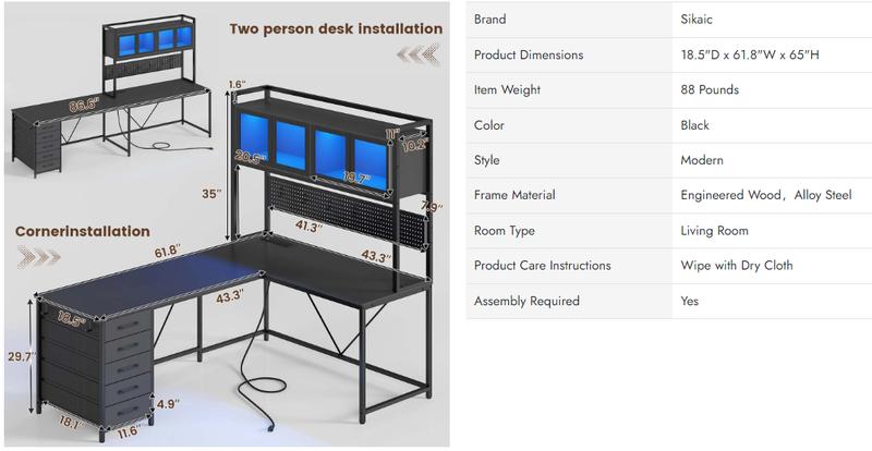 Sikaic 62 Inches LED Reversible L Shaped Gaming Desk With Power Outlet Storage Drawers Hutch and Pegboard Furniture Computer Chair Dual Monitor Stand