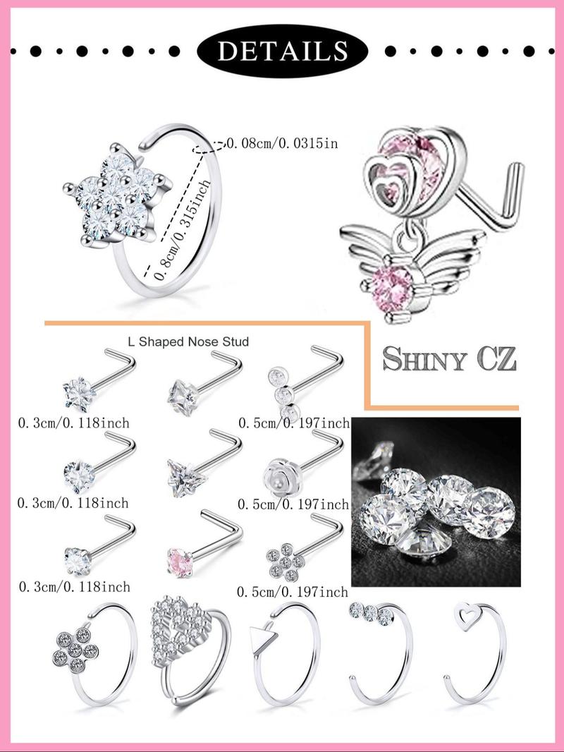 Women's 20g Nose Ring Stud Earrings, Surgical Steel Nose Stud with Shiny Cz Flower Design, Heart Butterfly Floral Patterns, Nose Piercing Jewelry