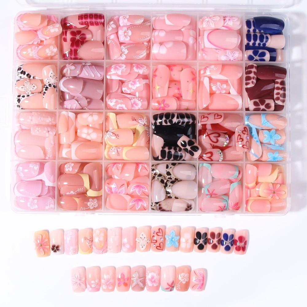 576pcs Short Square French Press-On Decorative Nails, 3D Gel Flower Peony Nail Art with Polka-Dot and Leopard Patterns, Acrylic False Nail Set