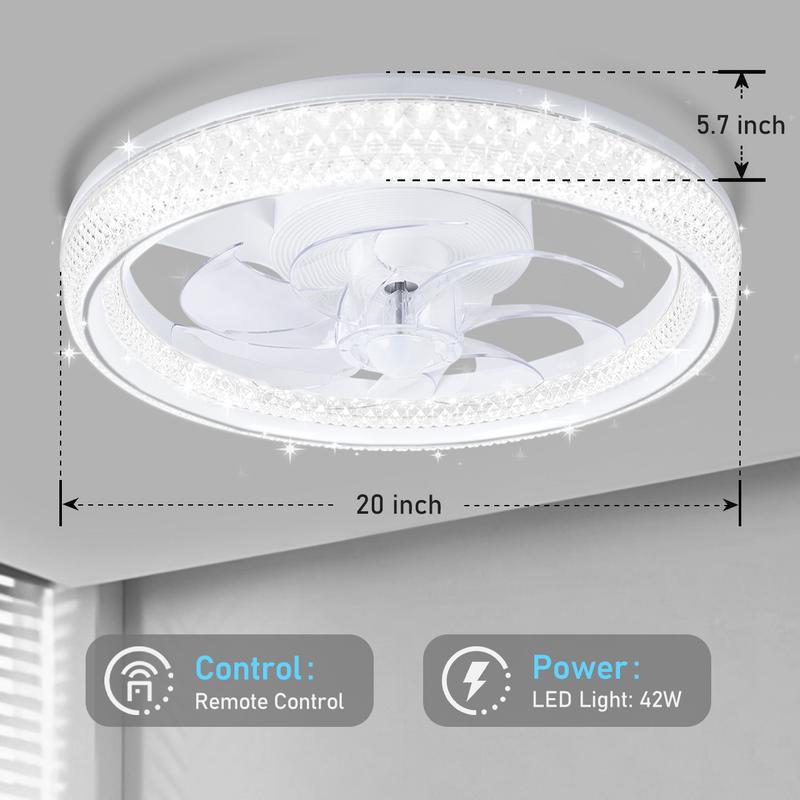 GLITGATE Diamantes Smart Ceiling Fan with Light 20" White Crystal 6-Speed Reversible DC Motor APP Remote Control Timer Dimming 3 Color Temperatures for Bedroom Living Room