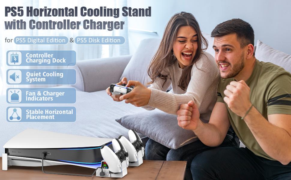 PS5 Horizontal Stand and Cooling Station with 3-Level Cooling Fan, Dual PS5 Controller Charging Base for Playstation 5 Controller, PS5 Console Accessories