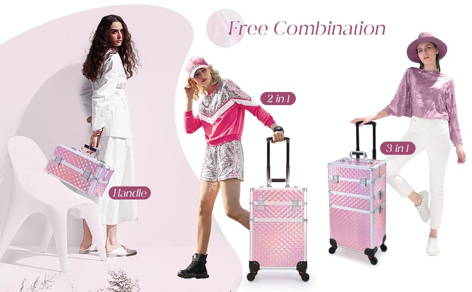 3 in 1 Rolling Makeup Train Case Large Cosmetic Trolley Salon Barber Case for Make Up Hairstylists Nail Tech Aluminum Makeup Trolley Case