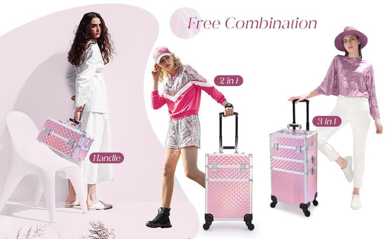 3 in 1 Rolling Makeup Train Case Large Cosmetic Trolley Salon Barber Case for Make Up Hairstylists Nail Tech Aluminum Makeup Trolley Case