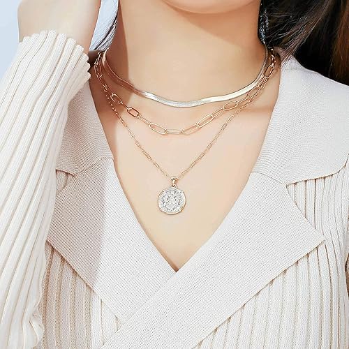 3PCS Gold Layered Necklaces for Women – Coin Pendant, Herringbone & Paperclip Chains – Trendy 14K Gold Plated Set