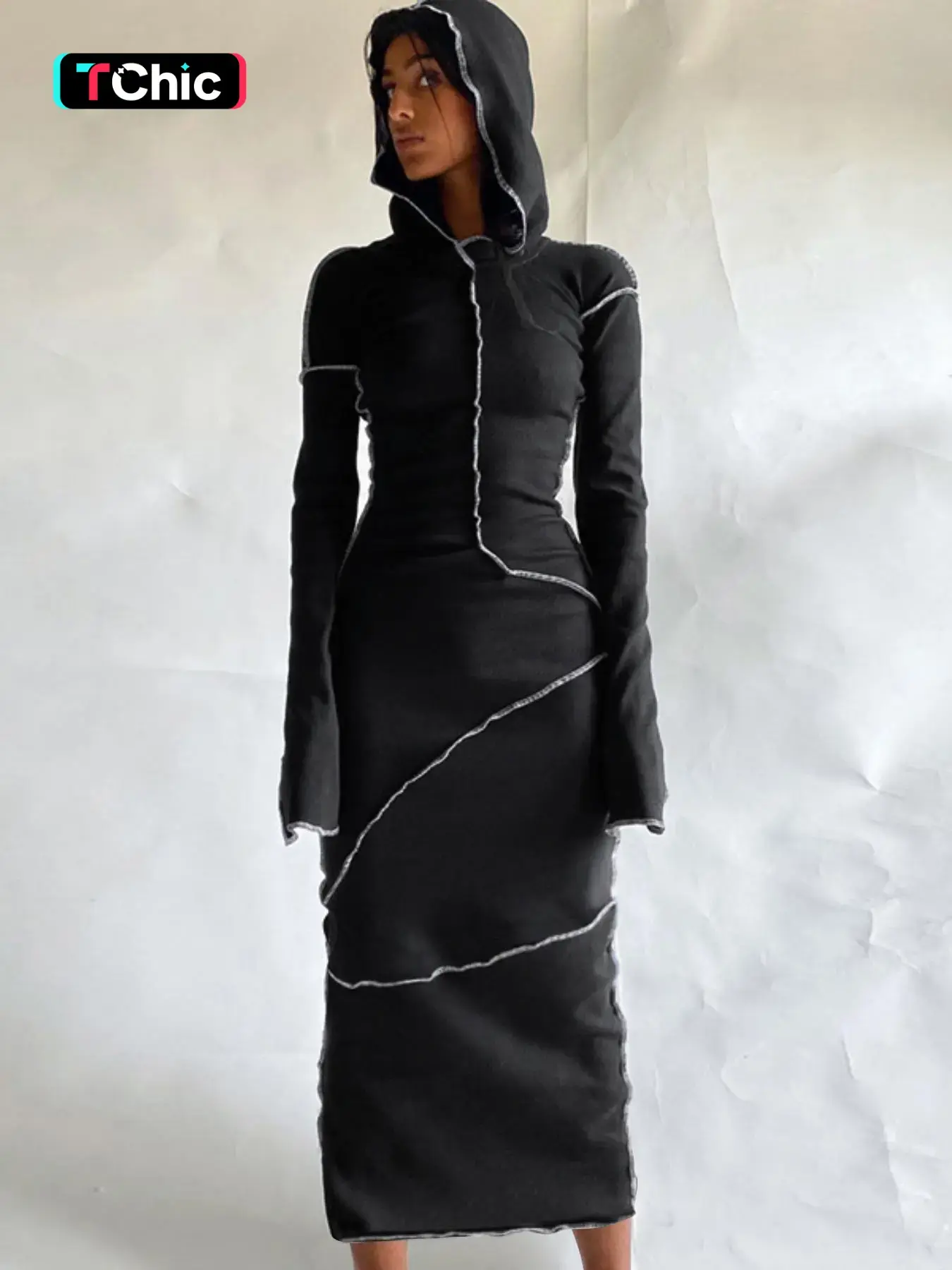 【Black Friday】Women's Solid Color Hooded Bodycon Dress, Casual Chic Long-Sleeve Polyester Long Dress for Fall & Winter