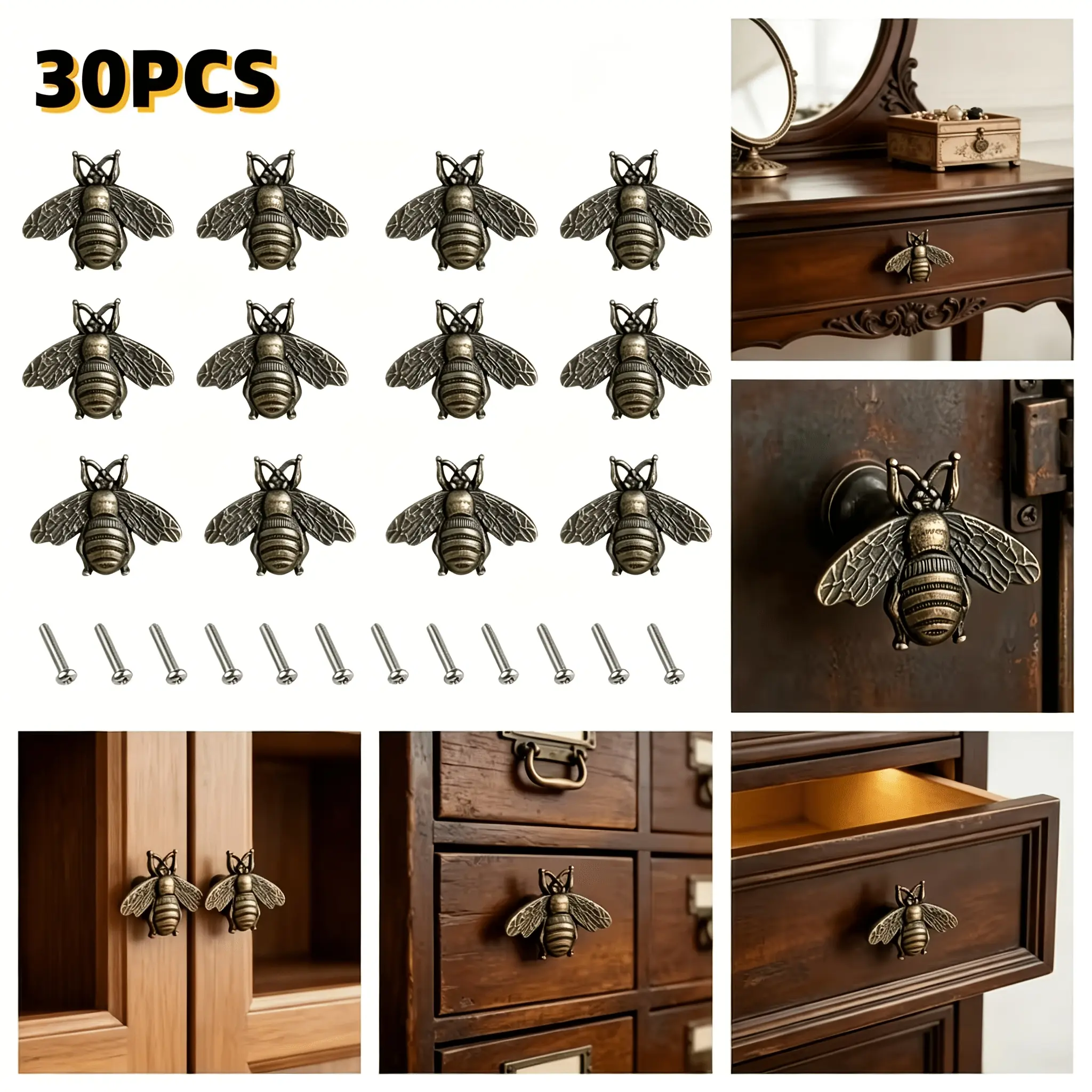 Set of 30 Antique Copper Bee-Shaped Iron Handles (15 Bee Handles, 15 Screws 4.2x22), European-Style Single-Hole Small Drawer Handles, Suitable for Cabinet and Wardrobe Drawers, Vintage Bronze Hardware Accessories
