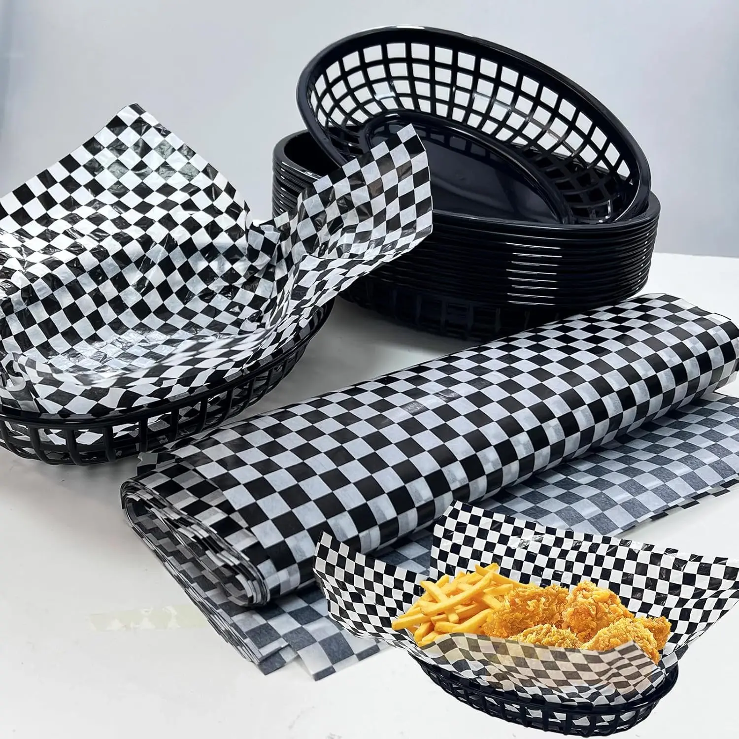 Plastic Food Baskets with Parchment Paper Liners, 12 Fast Food Baskets with 120 Deli Paper Sheets, Bread Basket, Candy Fruits basket, Restaurant Baskets for Food-Retro Style