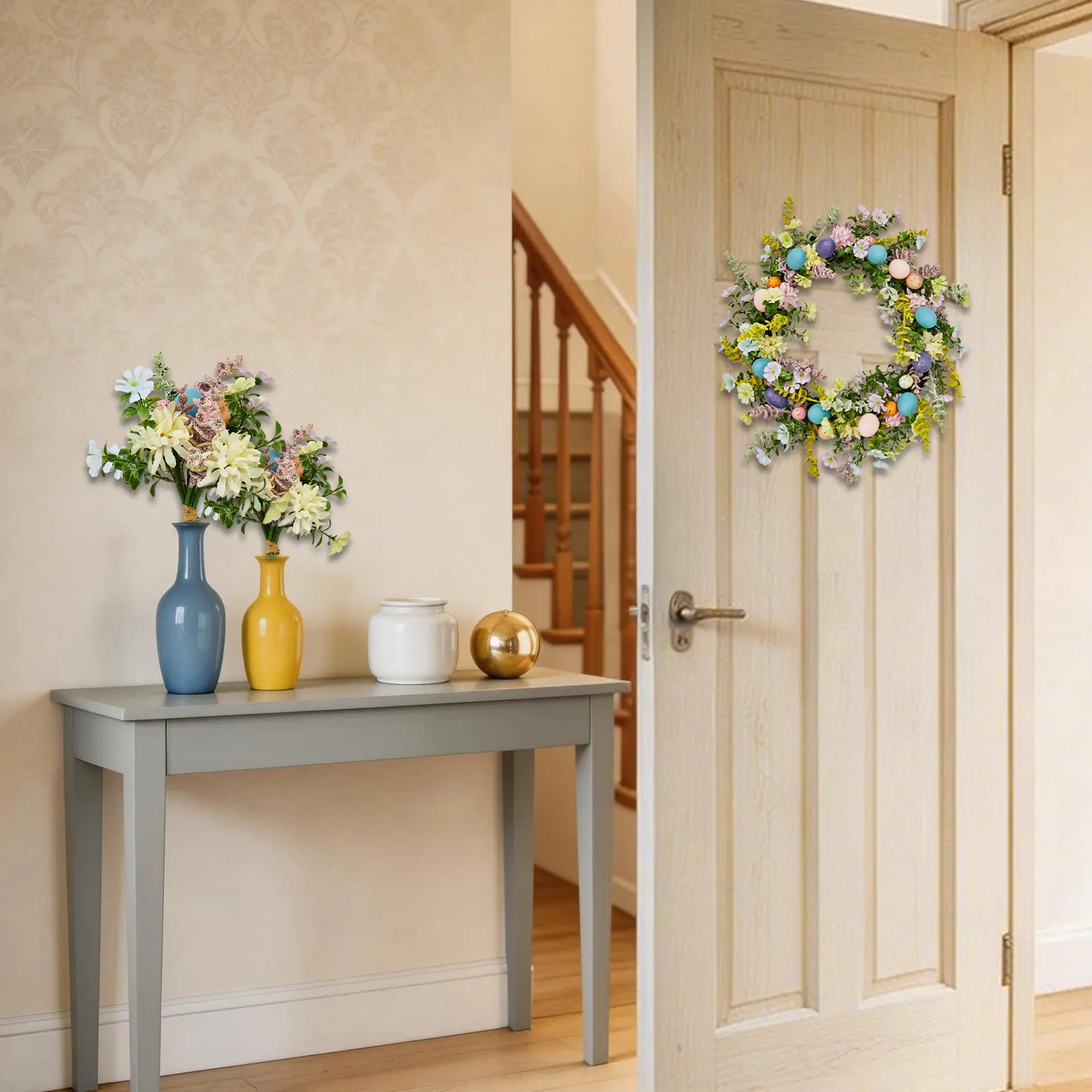18/22/24 Inch Easter Wreath with Colorful Eggs & Flowers – Artificial Spring Door Decor, Real Rattan Base, Includes 2 Matching Bouquets