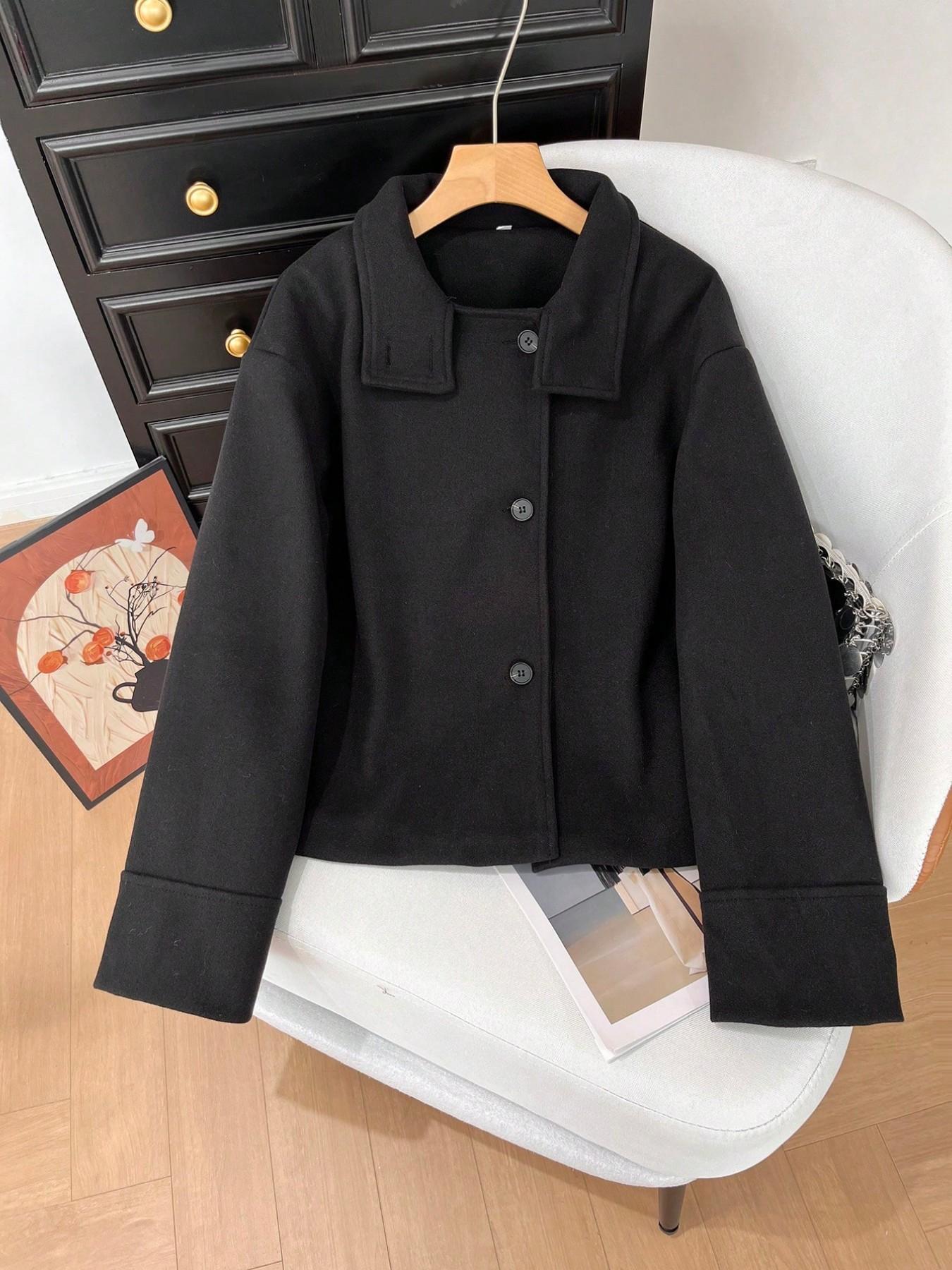 Women's Fall Casual Elegant Fashion Loose Simple Stand Collar Jacket, Long Sleeve Button Closure, Medium Length, Solid Pattern, Coats