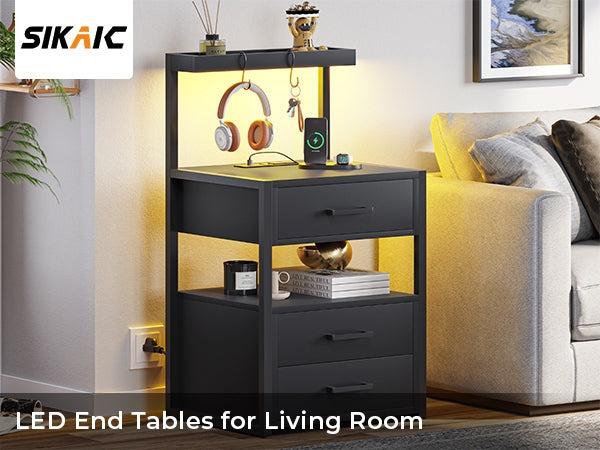 Sikaic LED Nightstand With Charging Station 2 USB Ports And 2 AC Outlets And 3 Drawers Open Storage Led Nightstand Shelf Modern Desk Bedroom Set Bedside Cabinet Lighted Vanity Table End Table