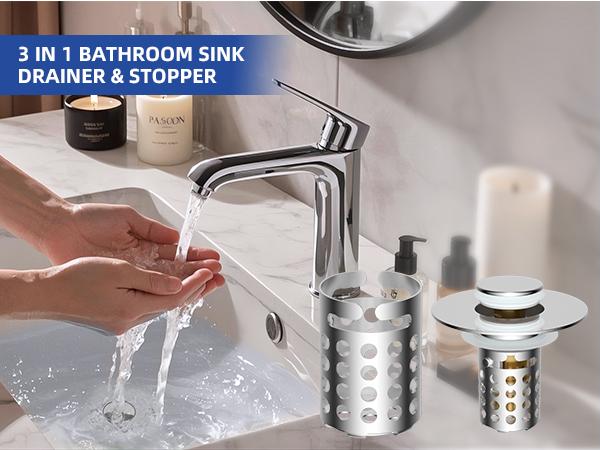 Hibbent Upgraded 3-in-1 Bathroom Sink Stopper with Removable Stainless Steel Filter Basket, Universal Pop Up Sink Drain Strainer for Standard 1.1''~2.36'' Sink Basin Hole - Pressure Showerhead