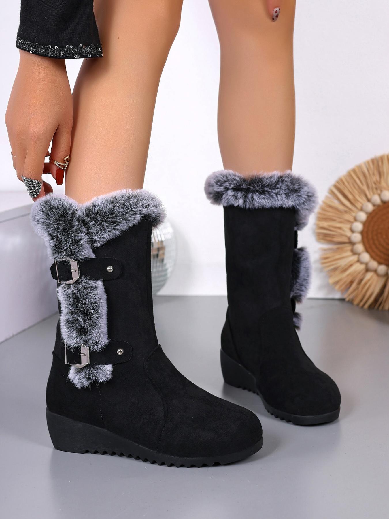 【Size Runs Small】 Women's Solid Color Boots, Fashionable Warm Boots for Winter Holiday Gift, Non-slip Outdoor Snow Boot Shoes for Women & Girls, Fur Boots for Women