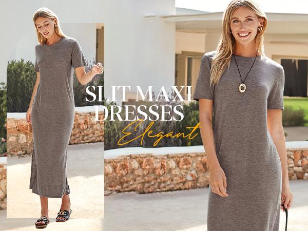 Arach&Cloz Womens Summer Wool Blend T Shirt Maxi Long Dress 2026 Spring Casual Short Sleeve Crew Neck Slit Knit Texture SpringStatements