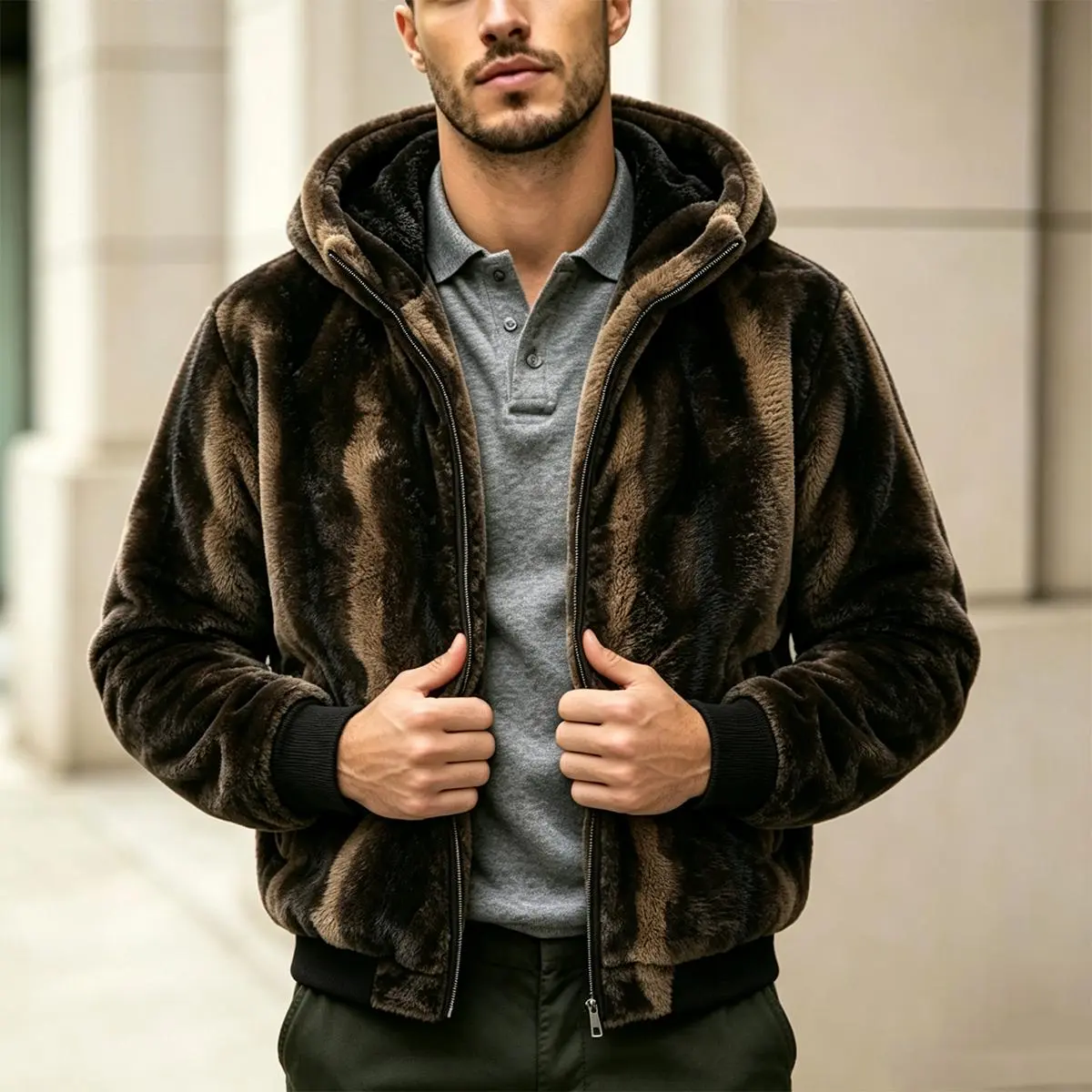 Fall Winter Plush Faux Fur Hooded Jacket For Men Full Zipper Closure Stylish Abstract Printed Texture Ribbed Cuffs And Hem Relaxed‑Fit Casual Outerwear