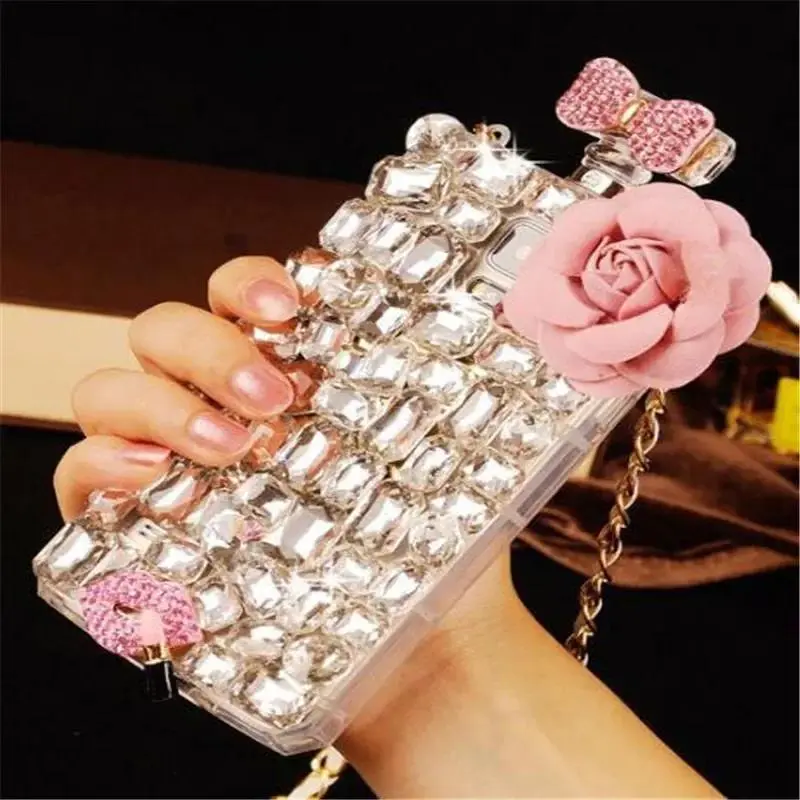 Diamond Crystal Gem Perfume Bottle Lips and Flowers Handbag Case Cover For Samsung GalaxyS25 S20 S24 S21 S22 S23Ultra Note10 20