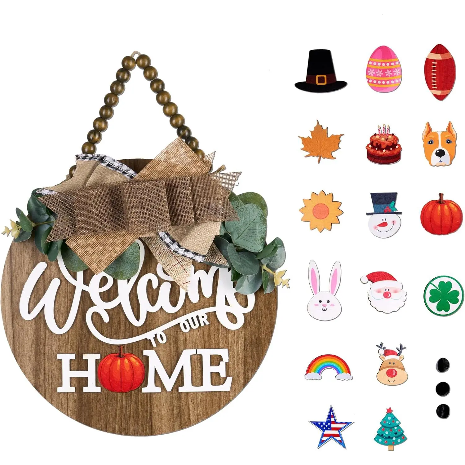 Interchangeable Welcome Door Sign with 16 Different Replaceable Patterns - 12" Round 3D Rustic Wooden Front Porch Decor, Artificial Leaves & Rustic Beads, Farmhouse/Classroom All Seasons Holiday (Christmas Halloween) Welcome Home Hanging Sign
