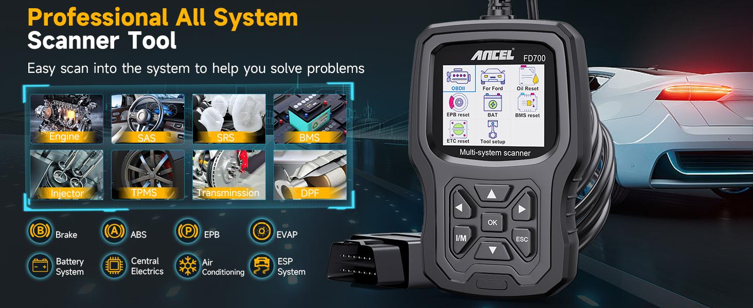 ANCEL FD700 Full System OBD2 Scanner Fits for Ford Lincoln Mercury Vehicles All Functions Automotive Disgnostic Scan Tool with Battery Registration ABS SRS SAS BMS Oil Reset TPMS Engine IQA EPB Regen