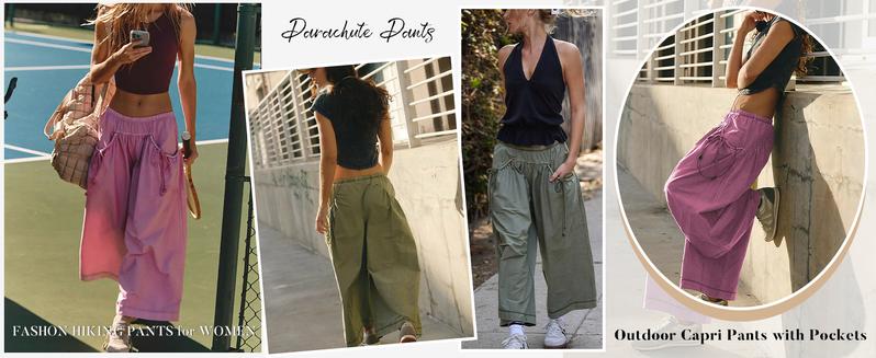 SCUSTY Women's Loose Wide Leg Track Pants Drawstring Pockets Elastic Waist Capri Hiking Pants Womenswear