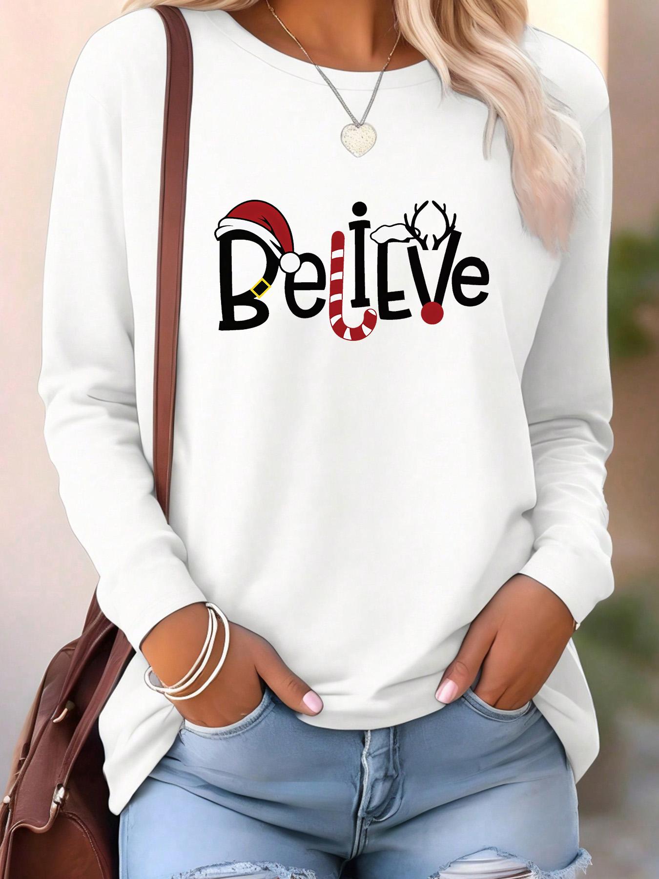Women's Letter & Reindeer Print Round Neck T-shirts, Casual Long Sleeve Crew Neck T-shirts for Fall & Spring, Women's Clothes for Daily Wear