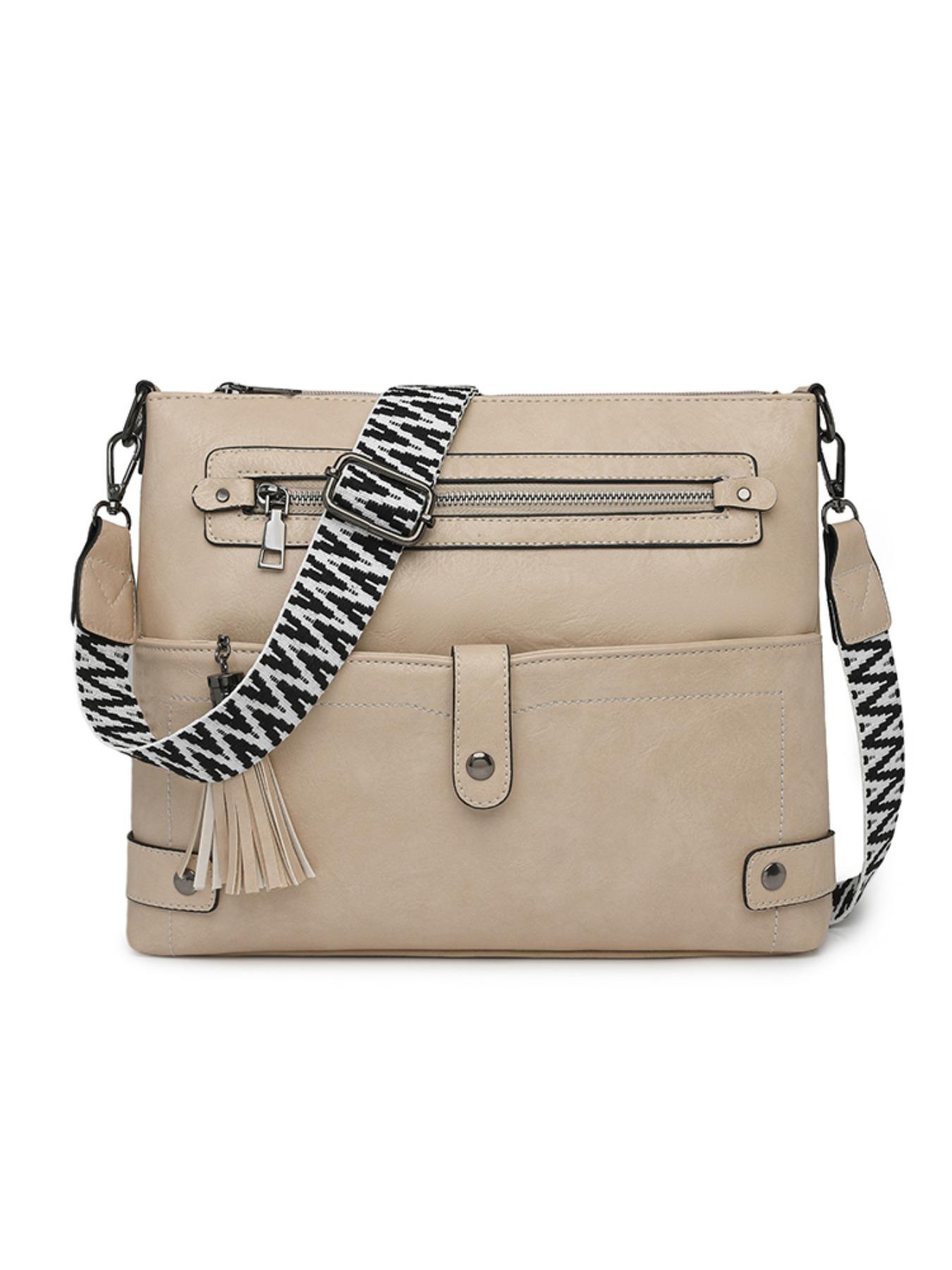 Vintage PU Crossbody Bag, Wide Strap Fringe Design, Large Capacity Shoulder Bag, Casual All-Season Tote, Multi-Layer Anti-Theft, Adjustable Strap