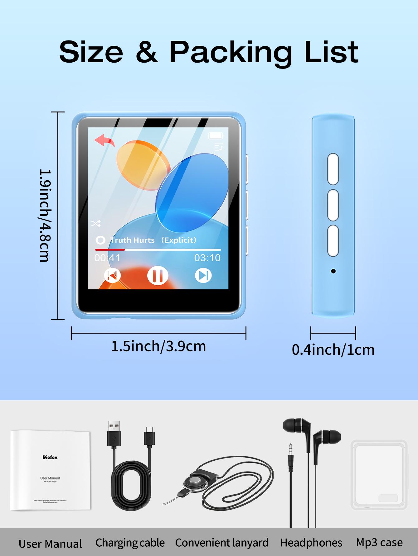 MP3 Player Bluetooth 5.3 Full Touch Screen Color Screen Mini MP3 Player, HiFi Lossless Music Player with Speakers, FM Radio, Recording, Support up to 128GB