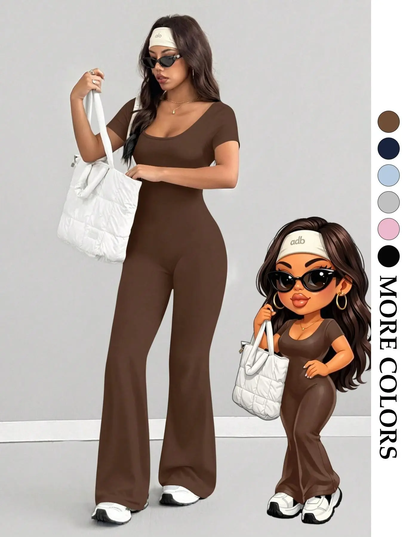 Women's Multicolor Square Neck Bell Bottom One-Piece Pants, Casual Sporty Style, Fitted Slim Fit, High Elasticity, Stretch Jumpsuit, Daily Wear, Light Sports, Commute, Sporty Jumpsuit, Solid Jumpsuit, Square Neck Jumpsuits