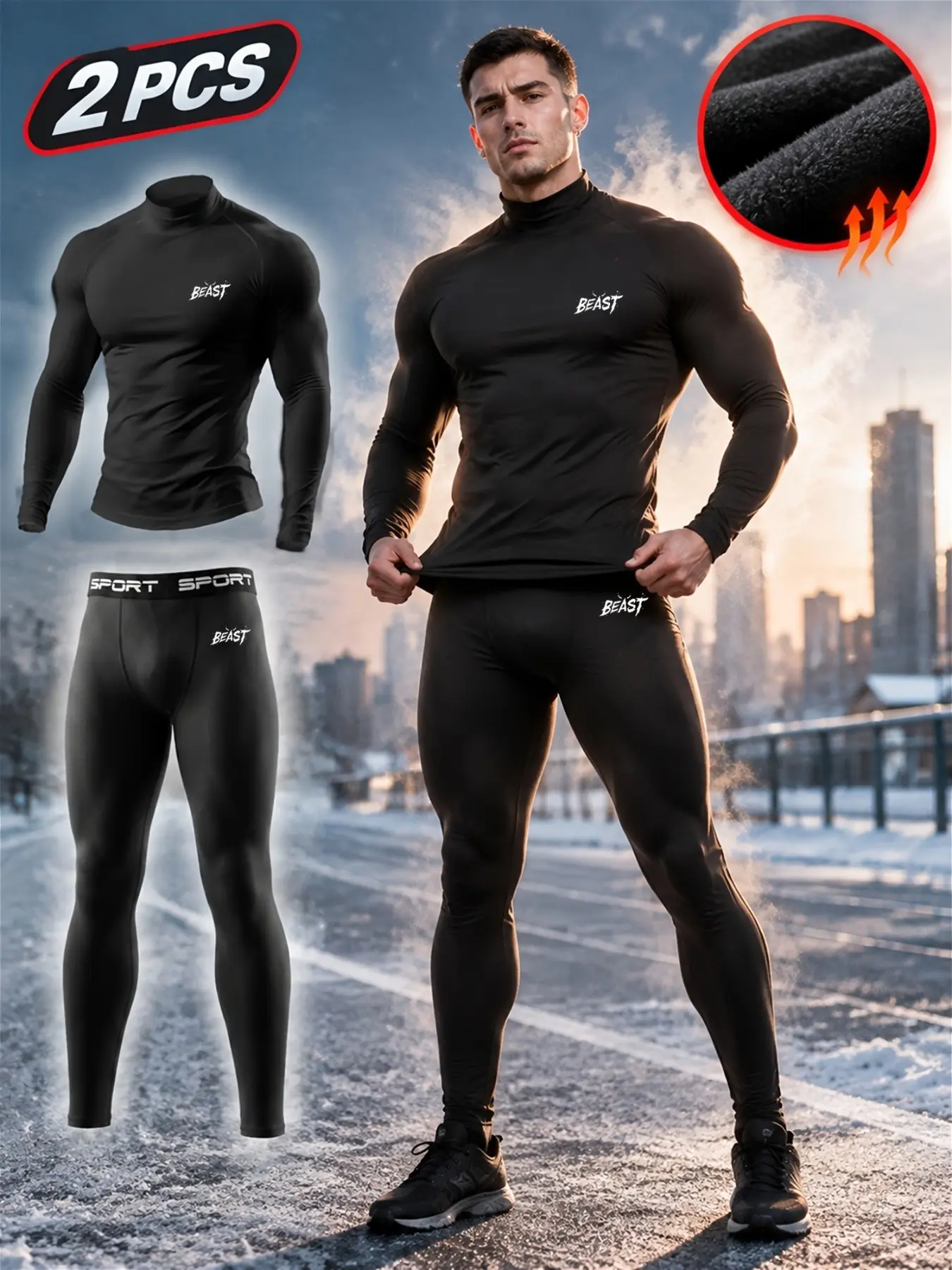 2-Piece Men’s Thermal Compression Set, BEAST Graphic Base Layer Shirt & Pants, Warm Heat-Retaining Stretch Sportswear, Sport Thermal Underwear for Winter Running, Skiing, Hiking, Outdoor Activities & Daily Layering