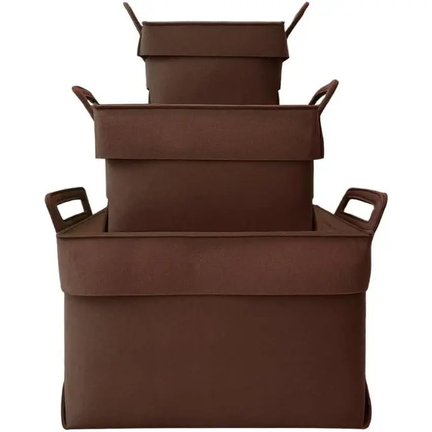 meaningLAB 3  Sizes Collapsible Felt Storage Box - 2in1 Function with Lid - Versatile Felt Storage Bins for Closet, Cube Organizer, Makeup & Basket (Brown)
